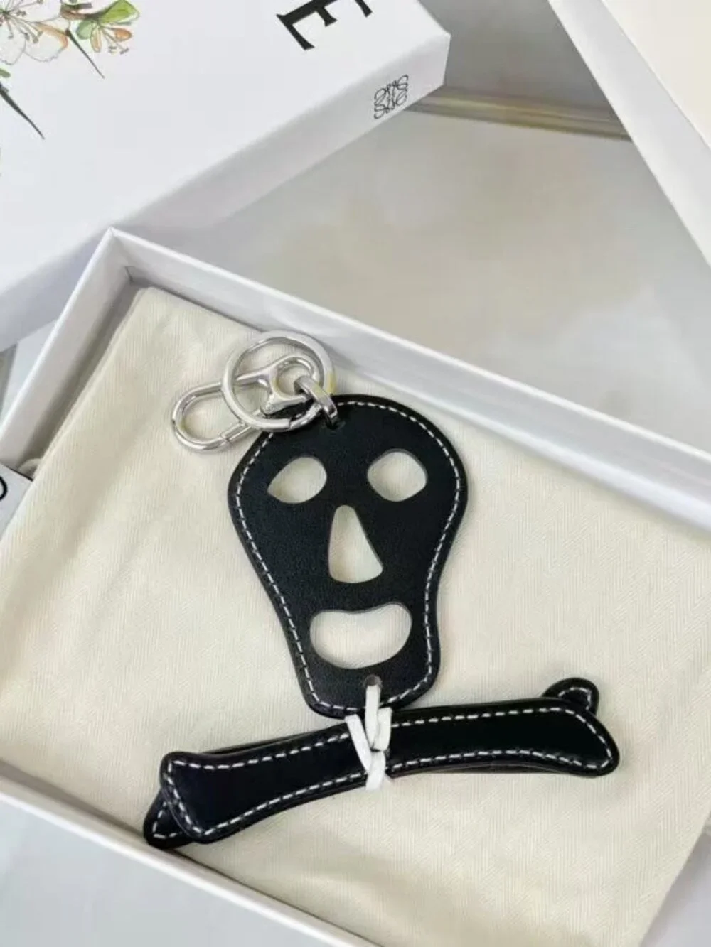 LOEWE Black Skull Crossbones Leather Bag Charm Silver Key Ring